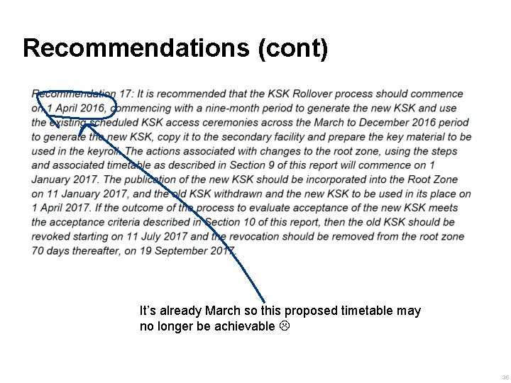 Recommendations (cont) It’s already March so this proposed timetable may no longer be achievable