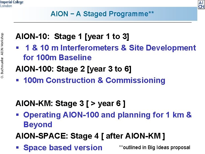 O. Buchmueller AION Workshop AION – A Staged Programme** AION-10: Stage 1 [year 1