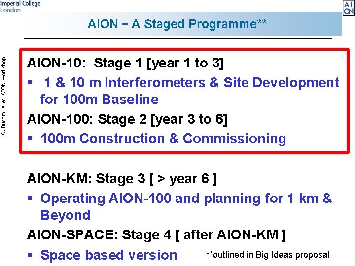 O. Buchmueller AION Workshop AION – A Staged Programme** AION-10: Stage 1 [year 1