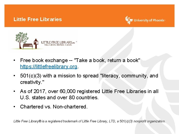 Little Free Libraries • Free book exchange -- "Take a book, return a book"