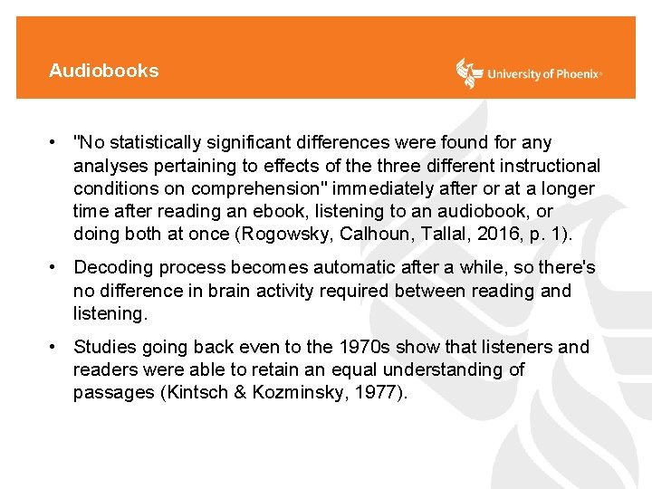 Audiobooks • "No statistically significant differences were found for any analyses pertaining to effects