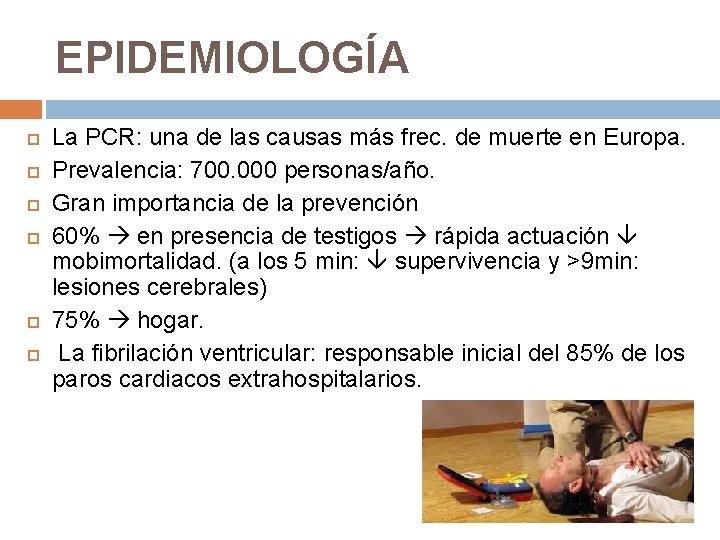 EPIDEMIOLOGÍA La PCR: una de las causas más frec. de muerte en Europa. Prevalencia: