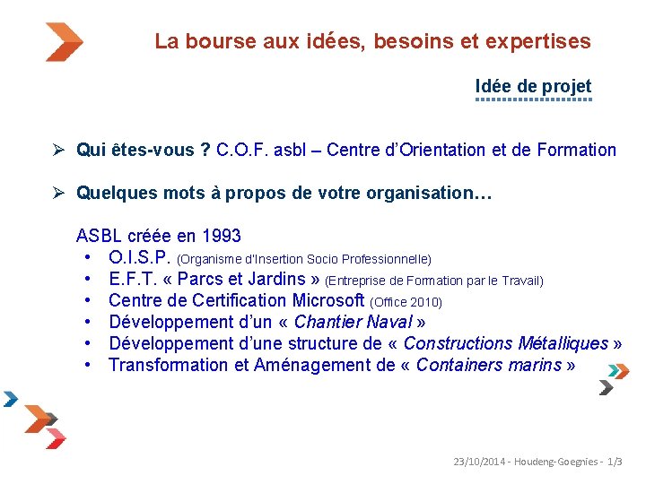 La bourse aux idées, besoins et expertises Idée de projet Ø Qui êtes-vous ?