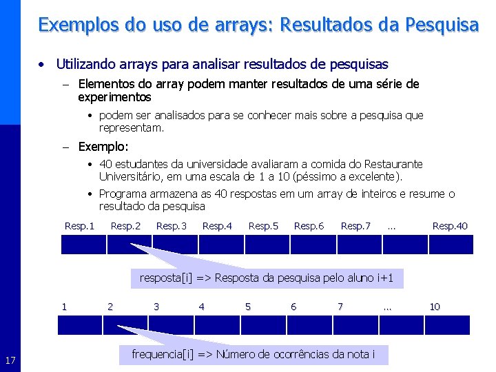 Exemplos do uso de arrays: Resultados da Pesquisa • Utilizando arrays para analisar resultados