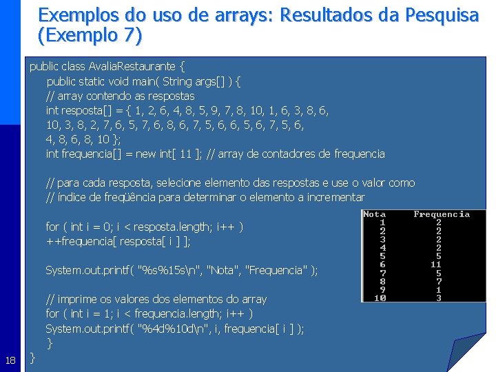 Exemplos do uso de arrays: Resultados da Pesquisa (Exemplo 7) public class Avalia. Restaurante