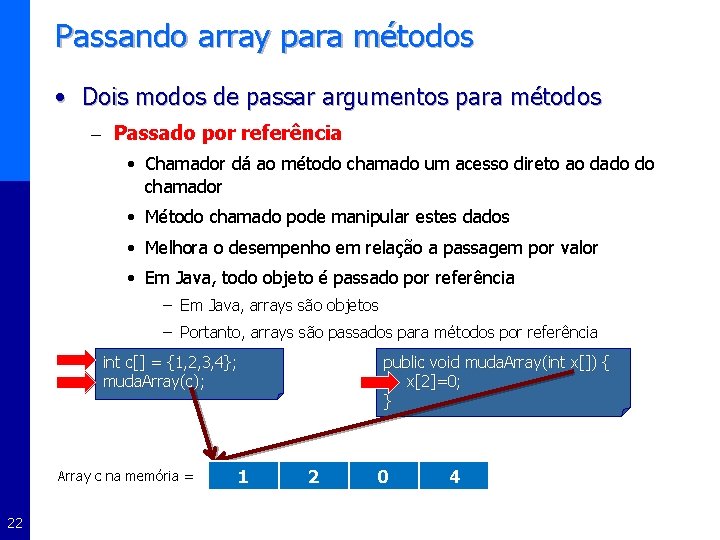Passando array para métodos • Dois modos de passar argumentos para métodos – Passado