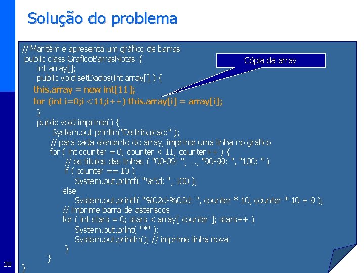 Solução do problema 28 // Mantém e apresenta um gráfico de barras public class