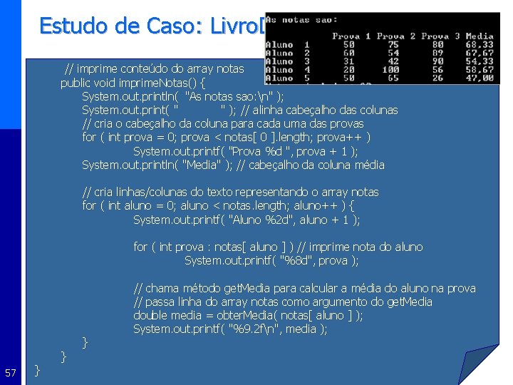 Estudo de Caso: Livro. De. Notas // imprime conteúdo do array notas public void