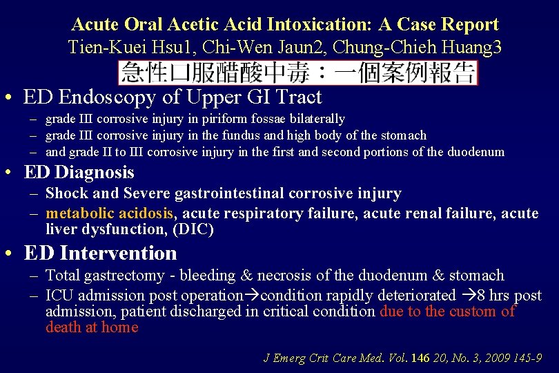 Acute Oral Acetic Acid Intoxication: A Case Report Tien-Kuei Hsu 1, Chi-Wen Jaun 2,