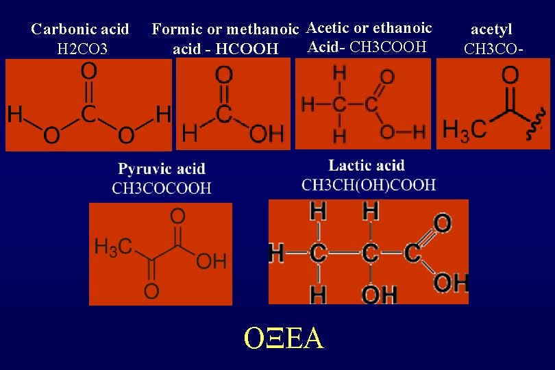 Carbonic acid H 2 CO 3 Formic or methanoic Acetic or ethanoic Acid- CH