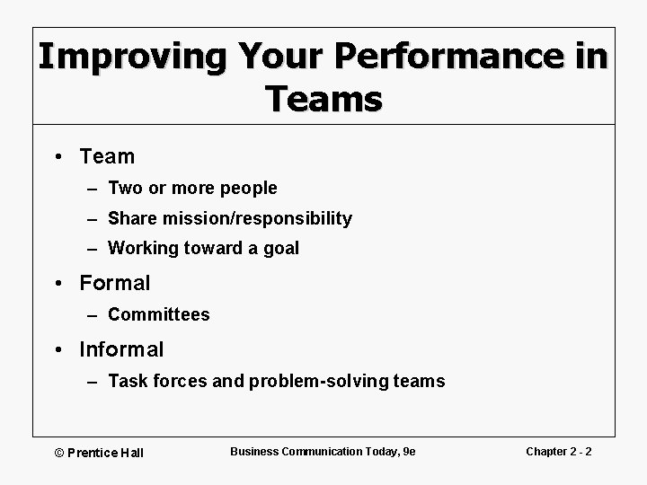 Improving Your Performance in Teams • Team – Two or more people – Share