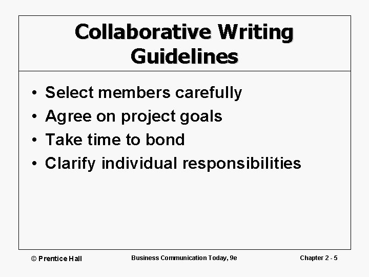 Collaborative Writing Guidelines • • Select members carefully Agree on project goals Take time