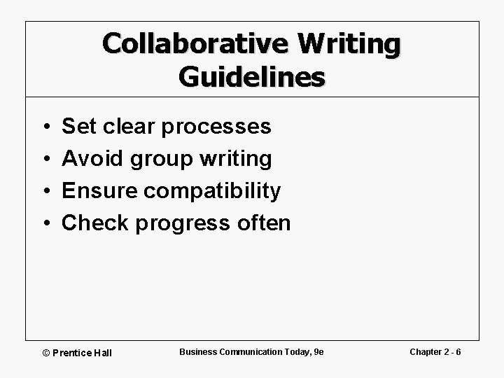 Collaborative Writing Guidelines • • Set clear processes Avoid group writing Ensure compatibility Check