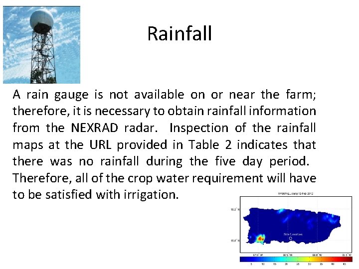 Rainfall A rain gauge is not available on or near the farm; therefore, it