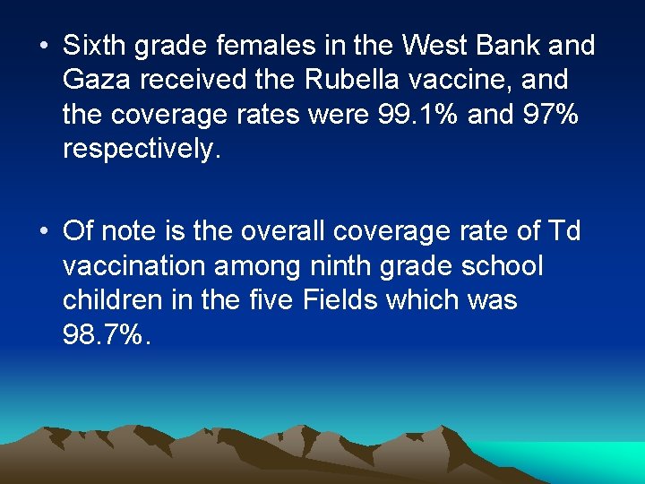  • Sixth grade females in the West Bank and Gaza received the Rubella