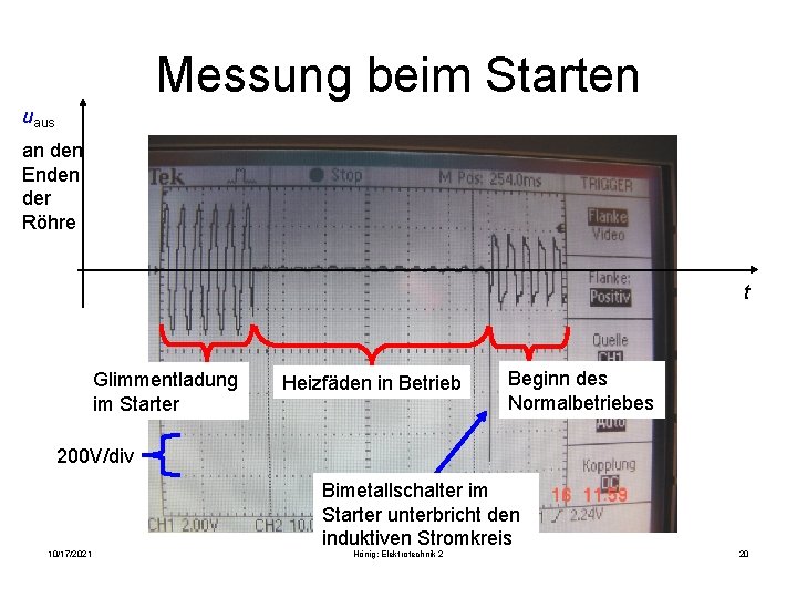 Messung beim Starten uaus an den Enden der Röhre t Glimmentladung im Starter Heizfäden