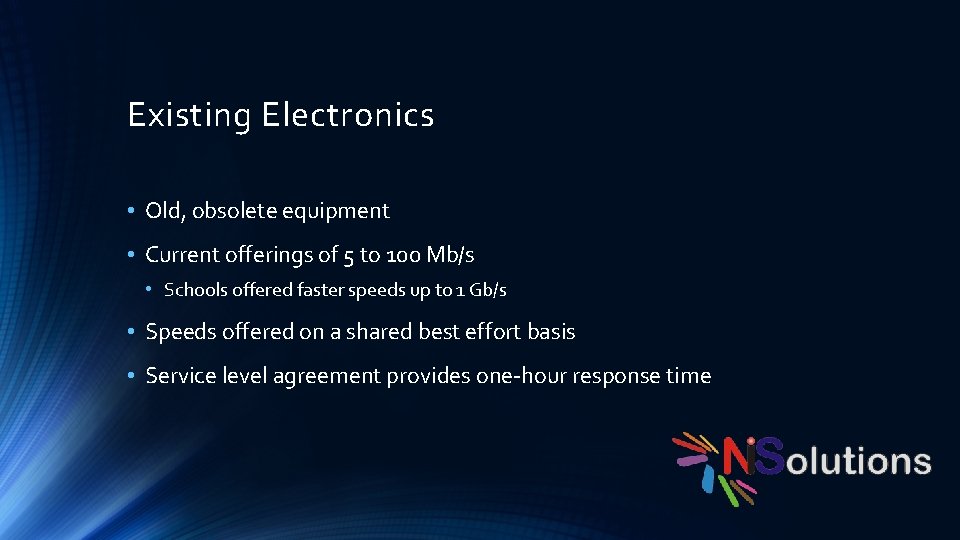 Existing Electronics • Old, obsolete equipment • Current offerings of 5 to 100 Mb/s