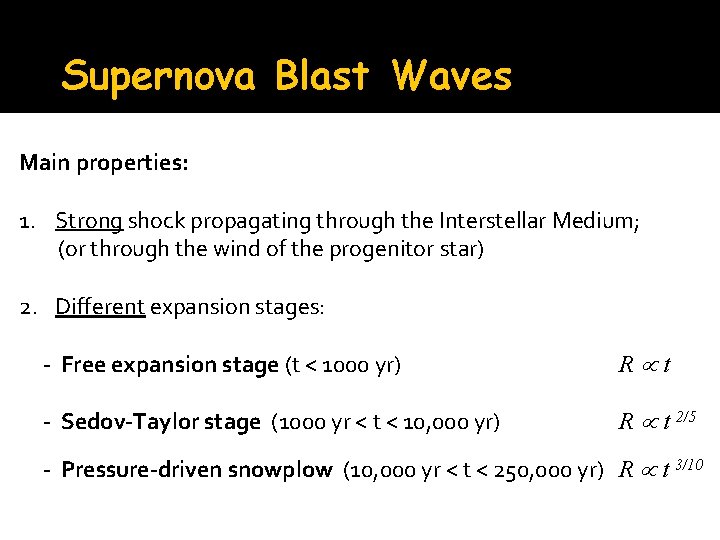 Supernova Blast Waves Main properties: 1. Strong shock propagating through the Interstellar Medium; (or