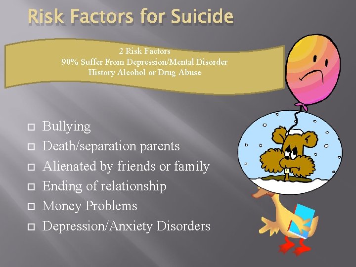 Risk Factors for Suicide 2 Risk Factors 90% Suffer From Depression/Mental Disorder History Alcohol