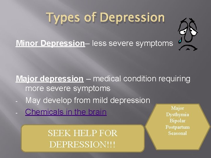 Types of Depression Minor Depression– less severe symptoms Major depression – medical condition requiring