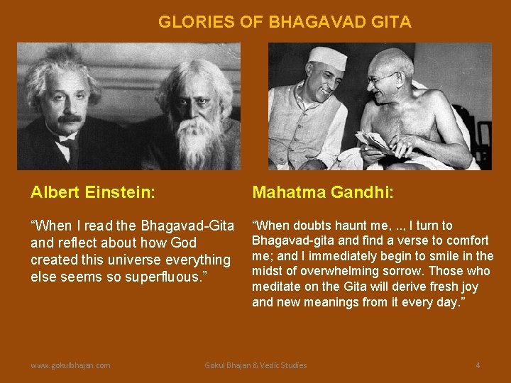 GLORIES OF BHAGAVAD GITA Albert Einstein: Mahatma Gandhi: “When I read the Bhagavad-Gita and