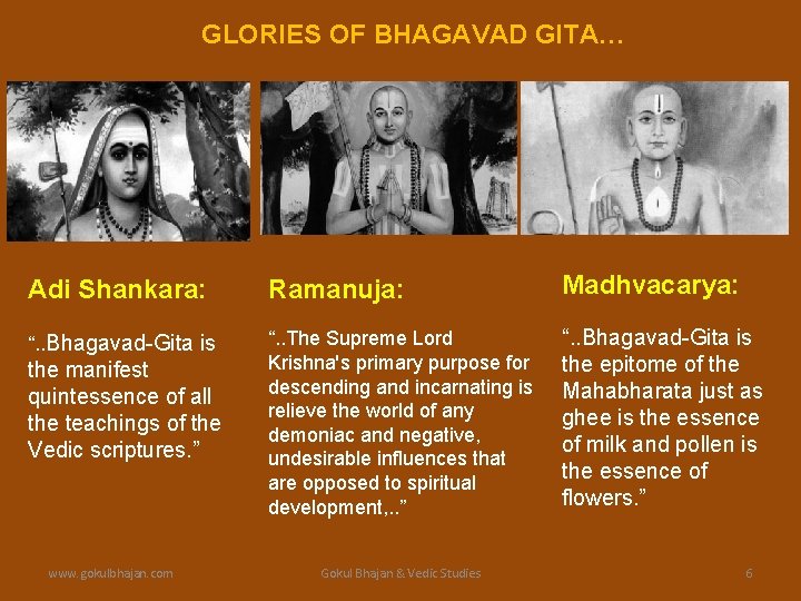 GLORIES OF BHAGAVAD GITA… Adi Shankara: Ramanuja: Madhvacarya: “. . Bhagavad-Gita is “. .