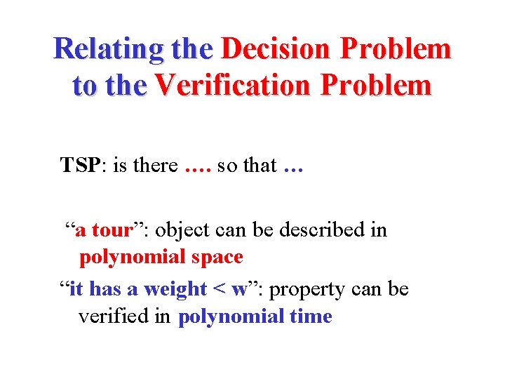 Relating the Decision Problem to the Verification Problem TSP: is there …. so that