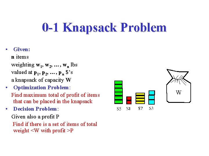 0 -1 Knapsack Problem • Given: n items weighting w 1, w 2, …,