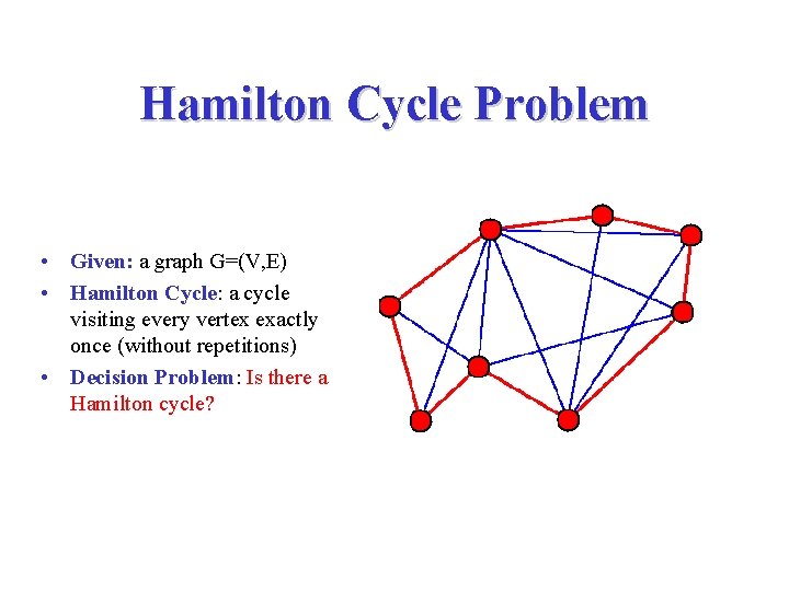 Hamilton Cycle Problem • Given: a graph G=(V, E) • Hamilton Cycle: a cycle