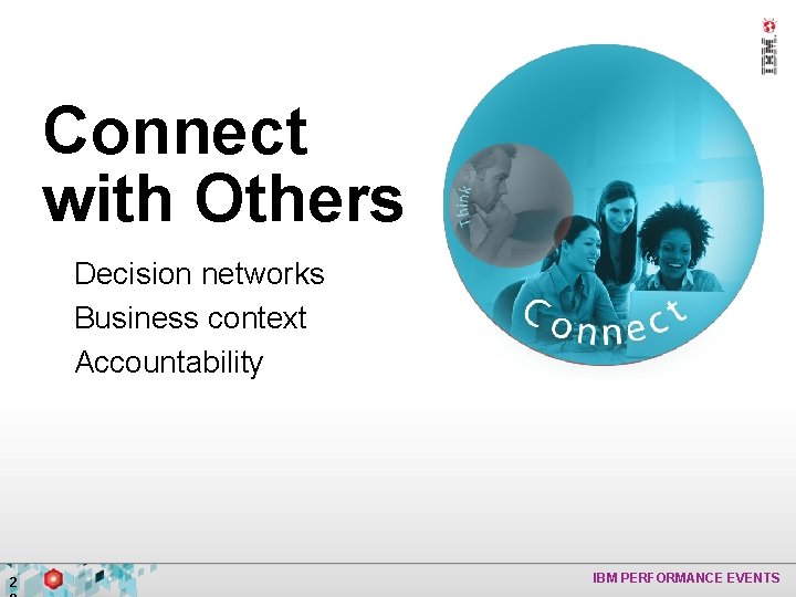 Connect with Others • Decision networks • Business context • Accountability 2 IBM PERFORMANCE