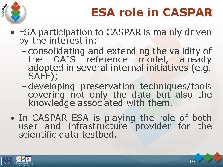 ESA role in CASPAR • ESA participation to CASPAR is mainly driven by the
