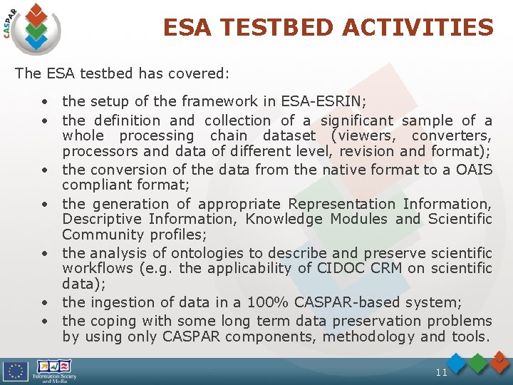 ESA TESTBED ACTIVITIES The ESA testbed has covered: • the setup of the framework