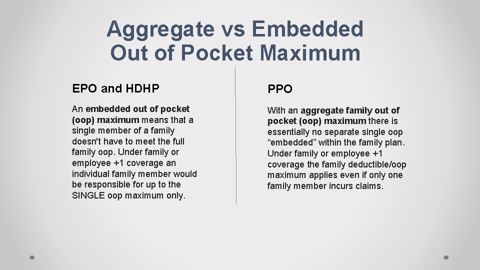 Aggregate vs Embedded Out of Pocket Maximum EPO and HDHP PPO An embedded out