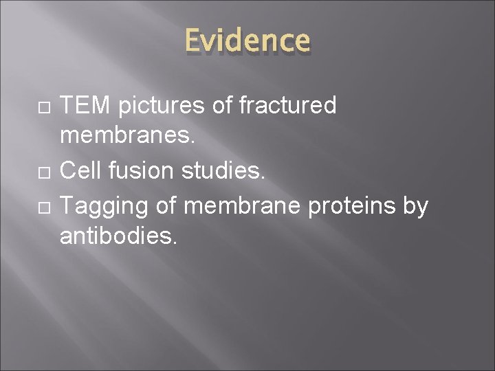 Evidence TEM pictures of fractured membranes. Cell fusion studies. Tagging of membrane proteins by