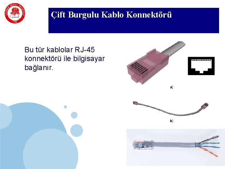 SDÜ Çift Burgulu Kablo Konnektörü KMYO Bu tür kablolar RJ-45 konnektörü ile bilgisayar bağlanır.