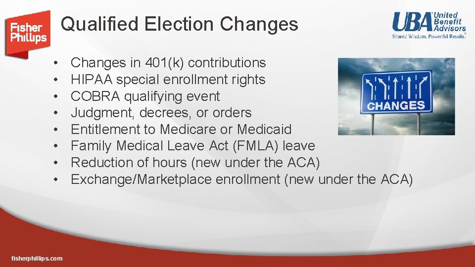 Qualified Election Changes • • fisherphillips. com Changes in 401(k) contributions HIPAA special enrollment