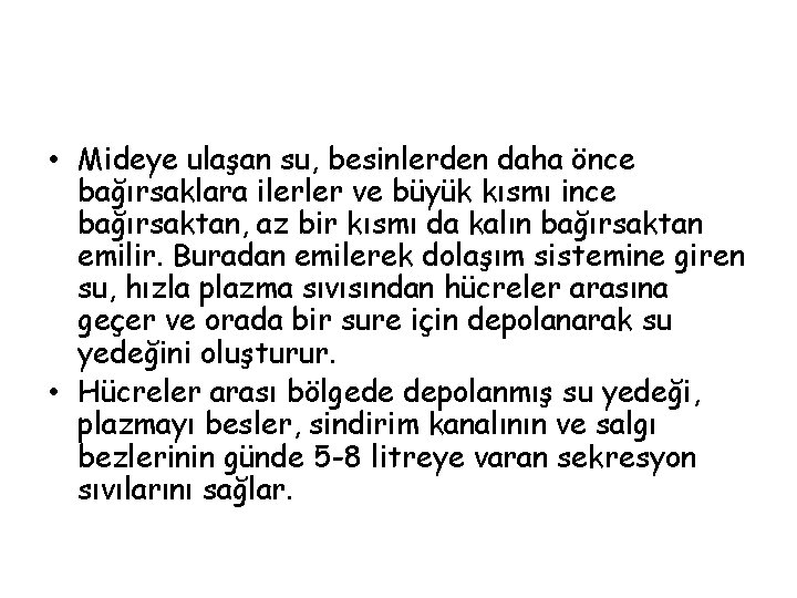  • Mideye ulaşan su, besinlerden daha önce bağırsaklara ilerler ve büyük kısmı ince