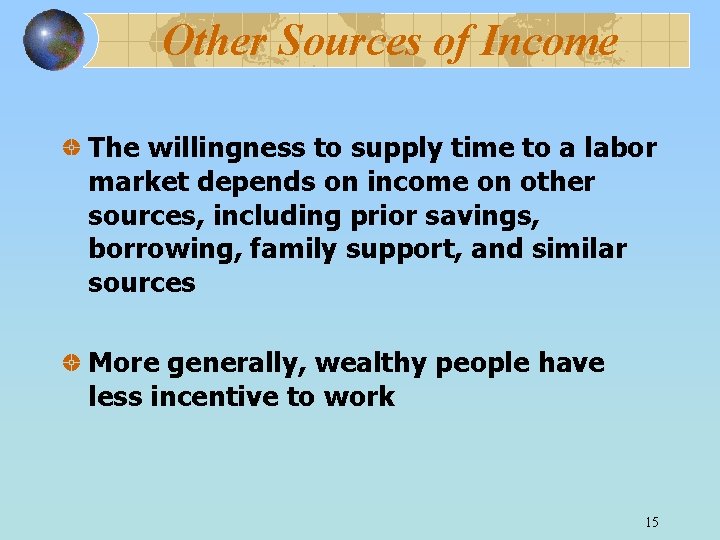 Other Sources of Income The willingness to supply time to a labor market depends