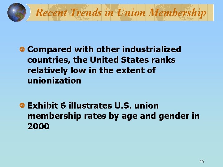 Recent Trends in Union Membership Compared with other industrialized countries, the United States ranks