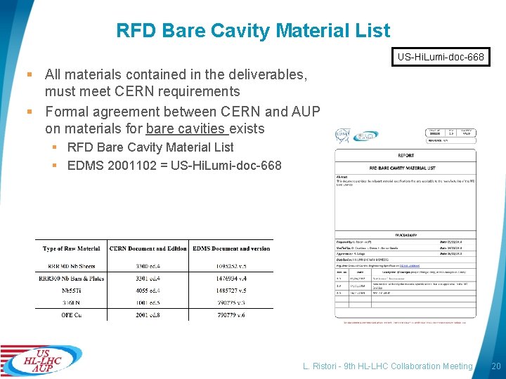 RFD Bare Cavity Material List US-Hi. Lumi-doc-668 § All materials contained in the deliverables,