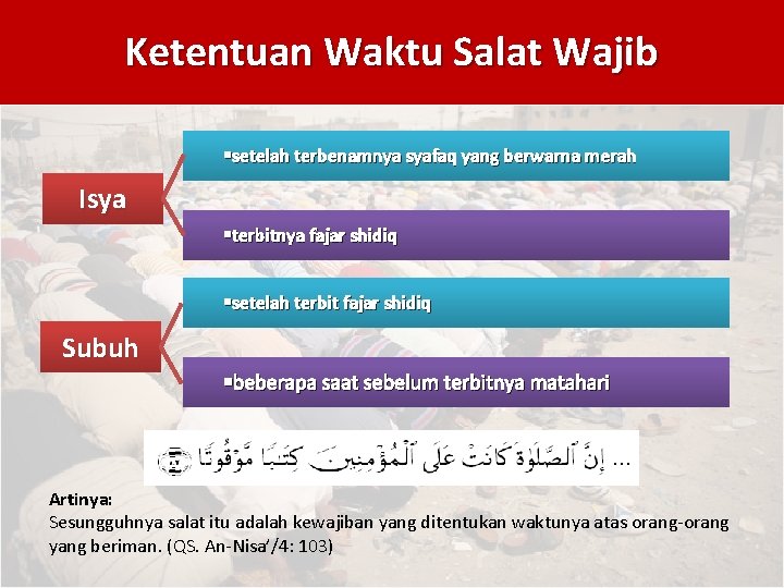 Ketentuan Waktu Salat Wajib §setelah terbenamnya syafaq yang berwarna merah Isya §terbitnya fajar shidiq