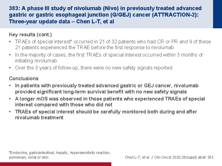 383: A phase III study of nivolumab (Nivo) in previously treated advanced gastric or