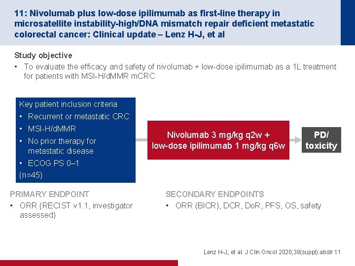 11: Nivolumab plus low-dose ipilimumab as first-line therapy in microsatellite instability-high/DNA mismatch repair deficient