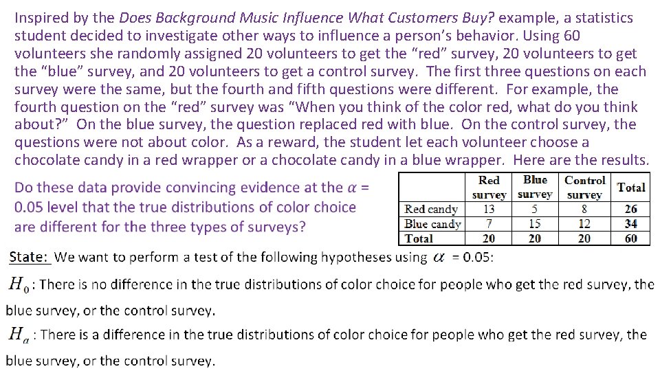 Inspired by the Does Background Music Influence What Customers Buy? example, a statistics student