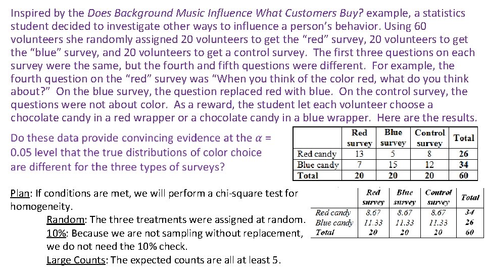 Inspired by the Does Background Music Influence What Customers Buy? example, a statistics student
