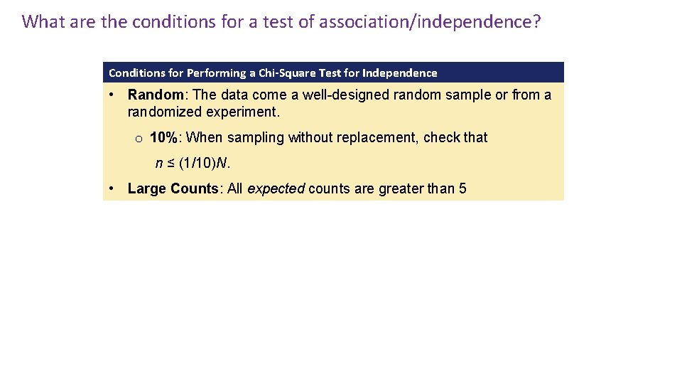 What are the conditions for a test of association/independence? Conditions for Performing a Chi-Square