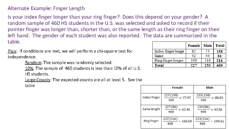 Alternate Example: Finger Length Is your index finger longer than your ring finger? Does