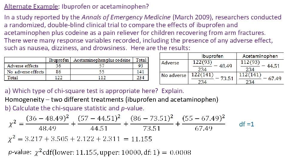 Alternate Example: Ibuprofen or acetaminophen? In a study reported by the Annals of Emergency