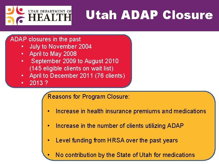 Utah ADAP Closure ADAP closures in the past • July to November 2004 •