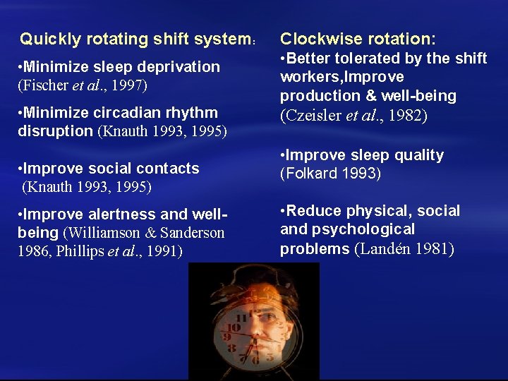 Quickly rotating shift system: Clockwise rotation: • Minimize sleep deprivation (Fischer et al. ,